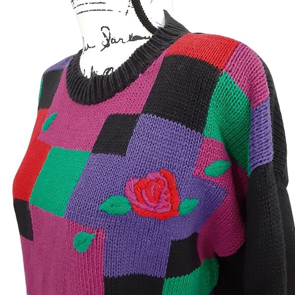 Vintage 1980s Color Block Rosette Art Deco Crewneck Tunic Sweater Shoulder Pads - Picture 3 of 9